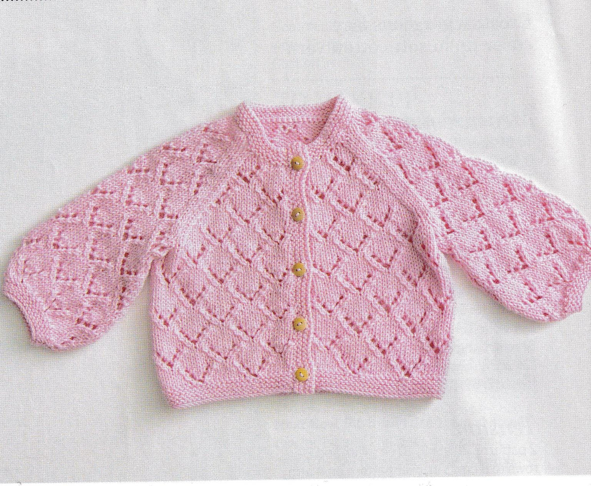Baby Lace  Raglan Cardigan - One button fastening  Knitting Pattern -DK-8ply (Light Worsted yarn)  Download PDF -16-22"  Birth-3 years