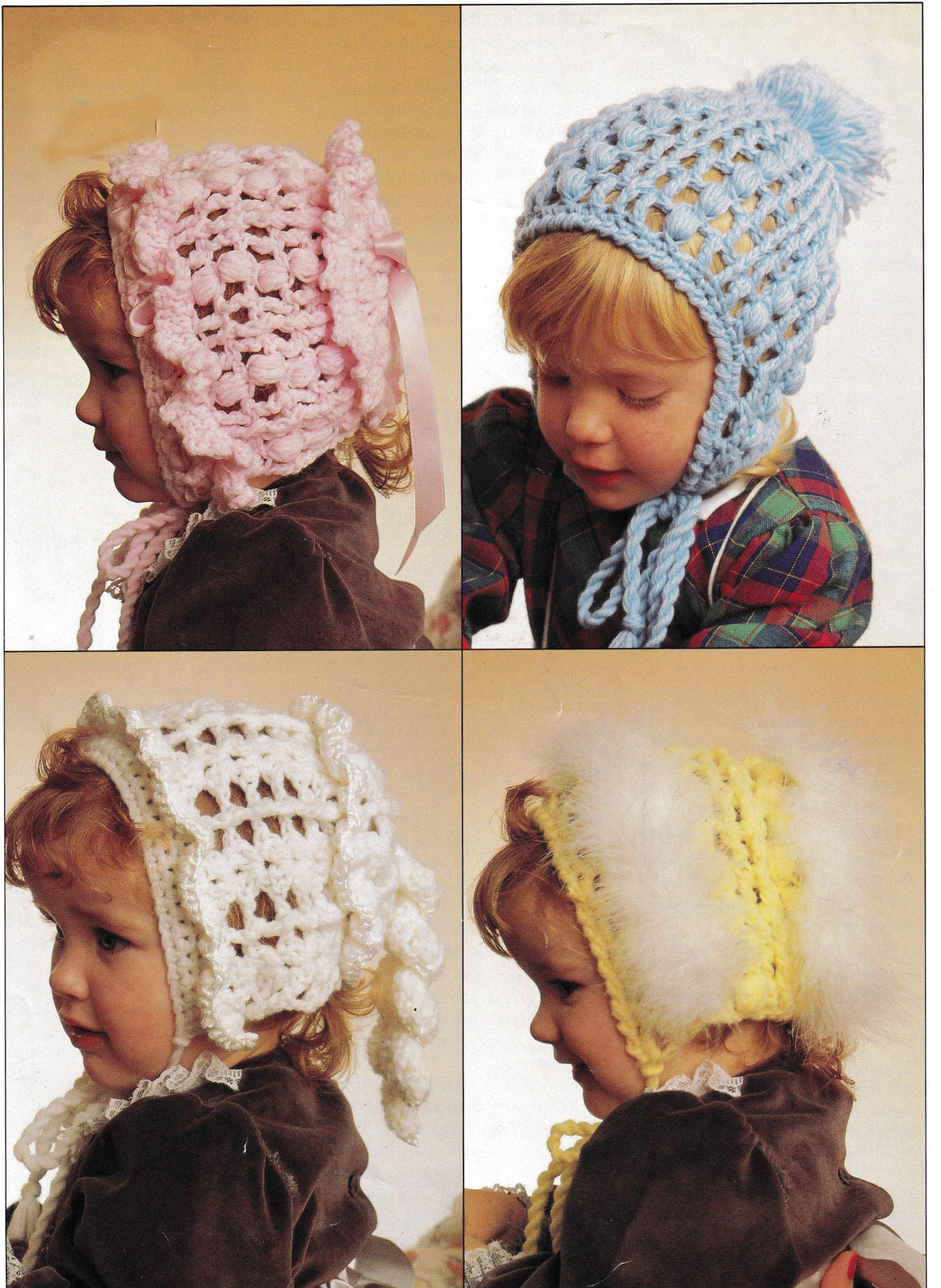 Girl's Crochet Hats  Bonnets x 4  Styles in DK 8 ply-Light worsted 9 months-2 years Crochet Pattern Downloadable PDF- Vintage Crochet
