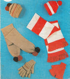 Vintage Hats Scarf Gloves & Fingerless  Stripe - Plain knits easy winter pattern- DK 8 ply Light worsted wool Knitting Pattern PDF