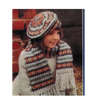 Girl's Woman's Vintage Fringed Scarf and Beret Fair Isle style knitting pattern DK (8 Ply) Knitting Pattern- Download PDF