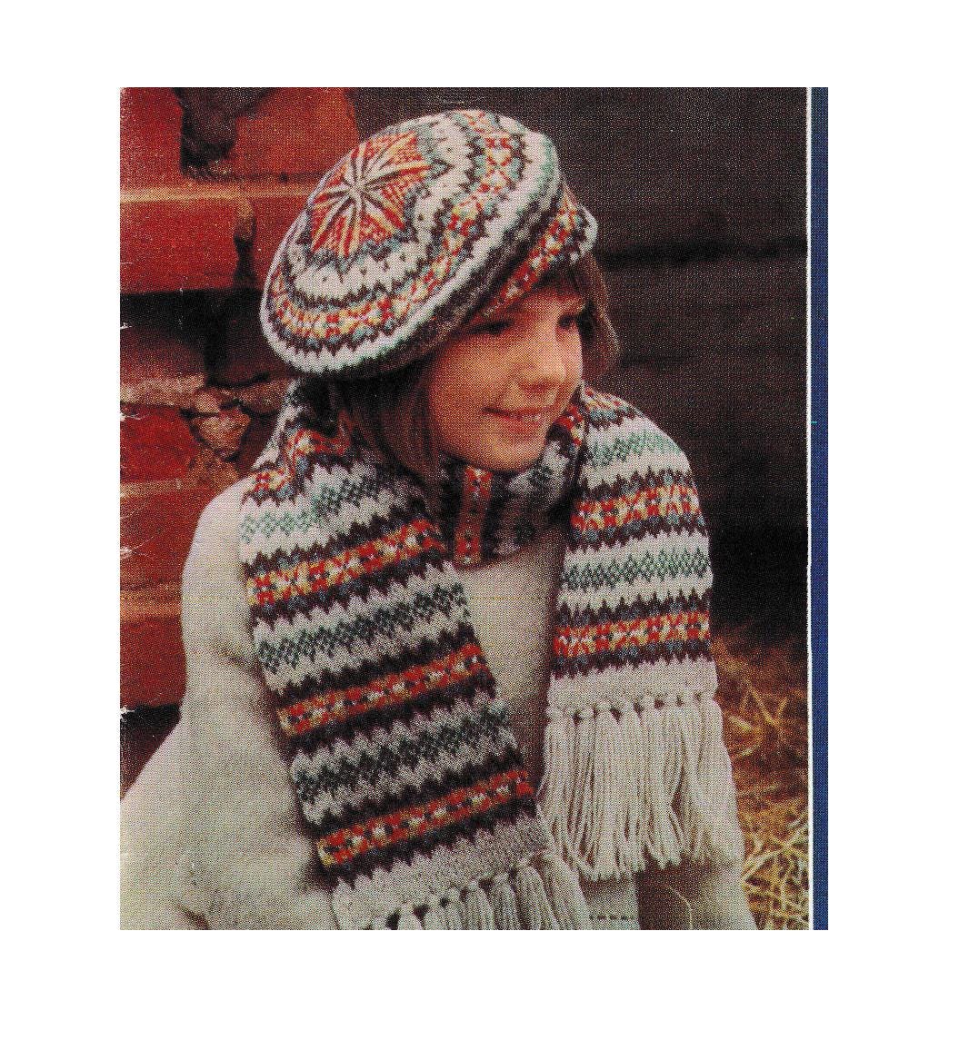 Girl's Woman's Vintage Fringed Scarf and Beret Fair Isle style knitting pattern DK (8 Ply) Knitting Pattern- Download PDF