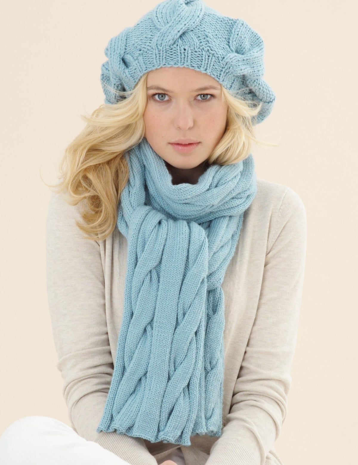Womens Girls Cable Beret Hat( 4yrs - Adult Size) & Cable Scarf one size ~ Silk DK 8 Wool Knitting Pattern PDF Instant download