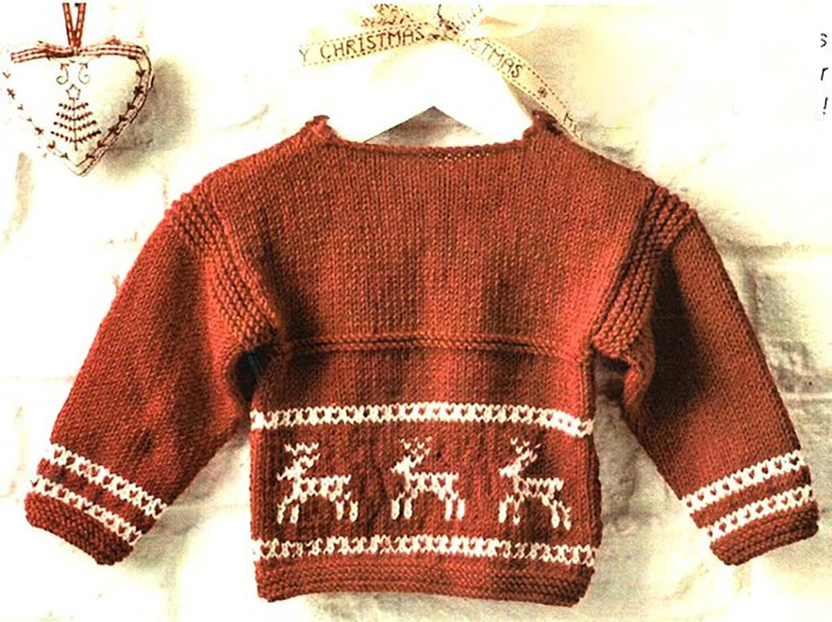 Reindeer Motif Sweater Jumper  -Christmas Knitting Pattern DK (8ply) 16 - 22"  Birth - 24 Months- Boys girls Download PDF Holiday Knits