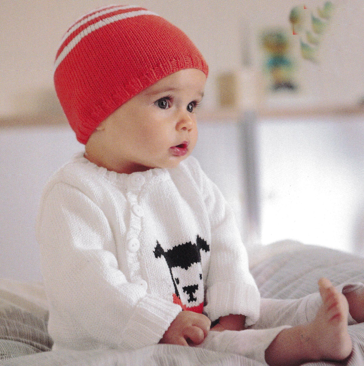 Baby Unusual Dog Motif Cross Front Cardigan and Beanie Hat  Newborn- 24  months" ~ 4 Ply Knitting Pattern PDF Download