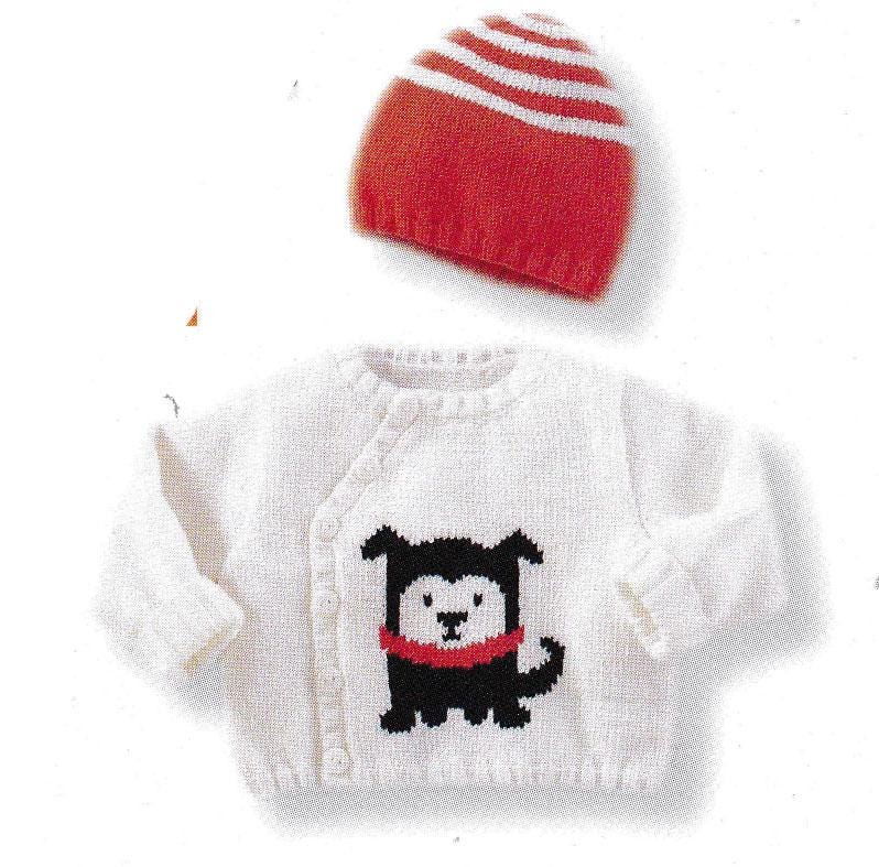 Baby Unusual Dog Motif Cross Front Cardigan and Beanie Hat  Newborn- 24  months" ~ 4 Ply Knitting Pattern PDF Download