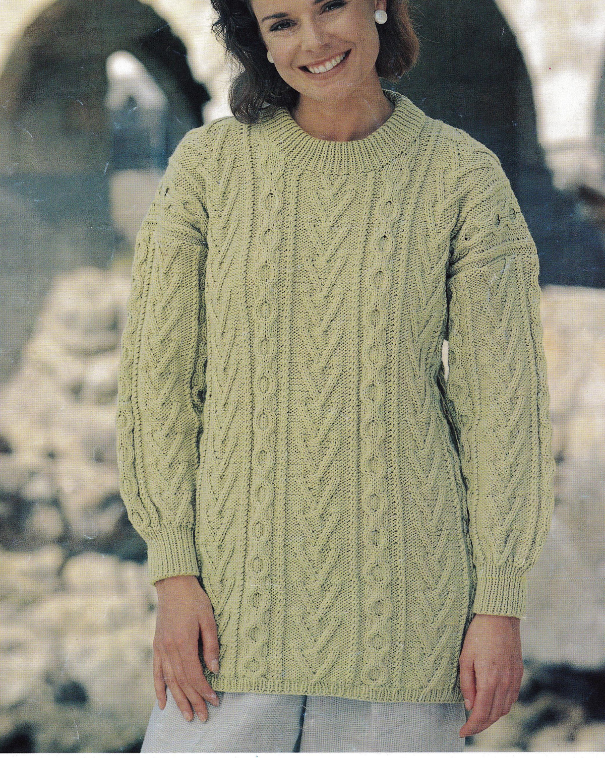 Women's Aran Cable Sweater Feminine Round Neck Jumper 28 - 46" Knitting Pattern DK 8ply Light Worsted Pdf Download- Scottish Knit