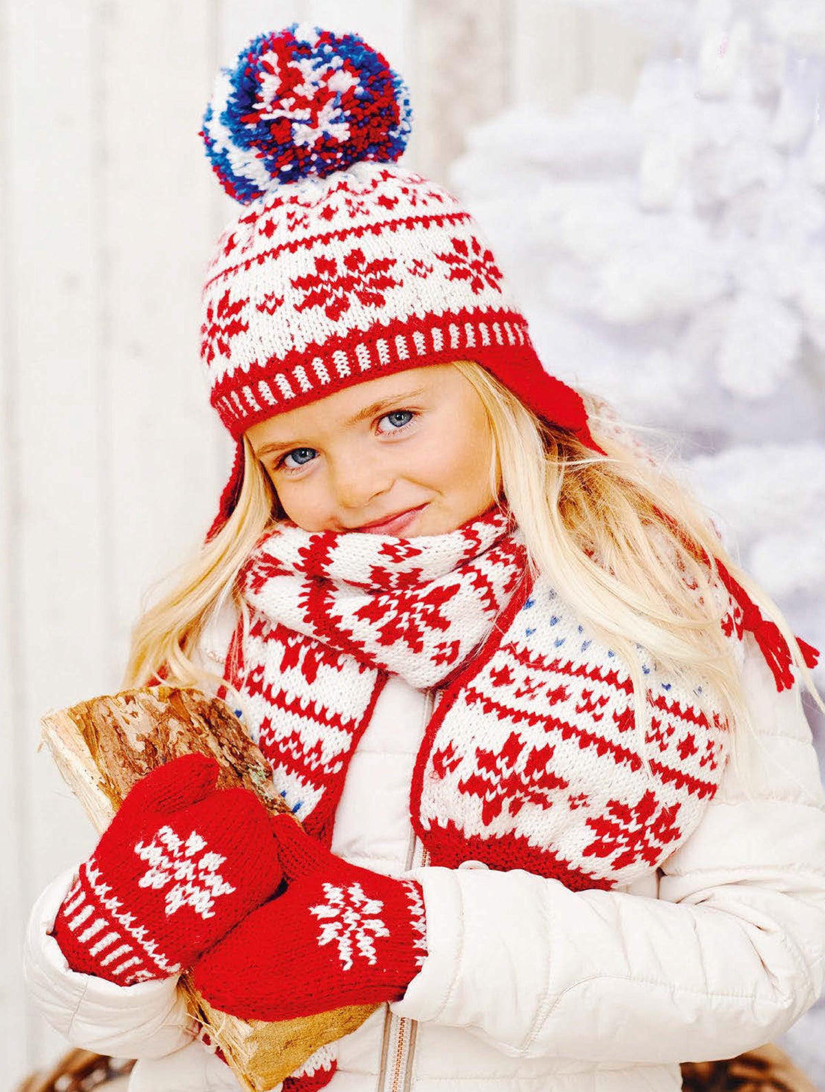 Fair Isle Scandinavian style earflap hat, Scarf & Mitts Snowflake design in Dk 8 ply - fits ages 2-5 years- Knitting Pattern Download PDF