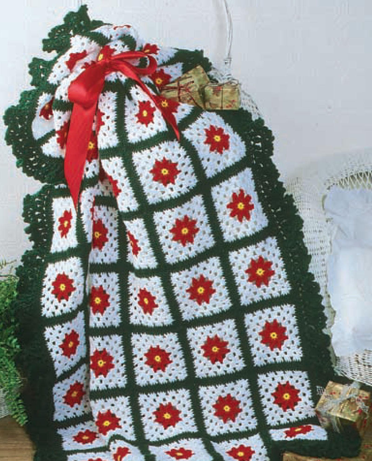 Poinsettia squares Victorian Christmas Afghan Crochet Pattern worsted weight wool measures 52 x65 when complete Download Crochet Pattern