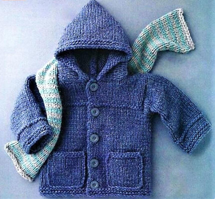 Beginners Easy Chunky Quick Knit Hooded Jacket Cardigan- Pockets & Scarf 22 - 26" (2 - 6 yrs) Knitting Pattern PDF Chunky ( Bulky, 12ply )