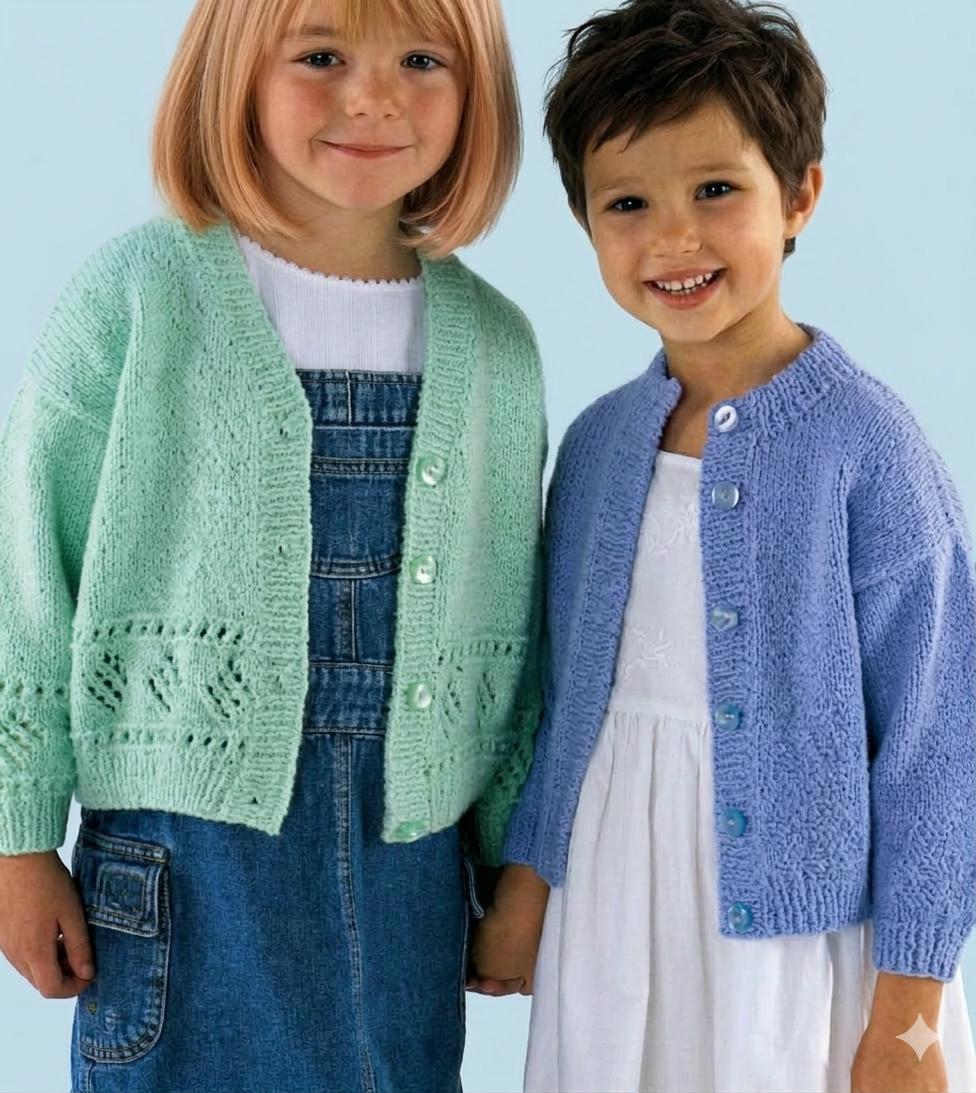 Girls Lacy Eyelet V Neck Cardigan Jacket or Round Neck Plain Cardigan 20-30" ~ DK Wool 8ply Knitting Pattern pdf Instant Download