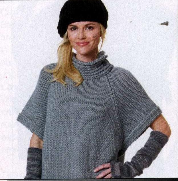 Womens Raglan High Neck Top -Slipover Poncho Button side- Hat Fingerless & gloves  42"-58" Chunky Bulky 12 Ply Knitting Pattern PDF download
