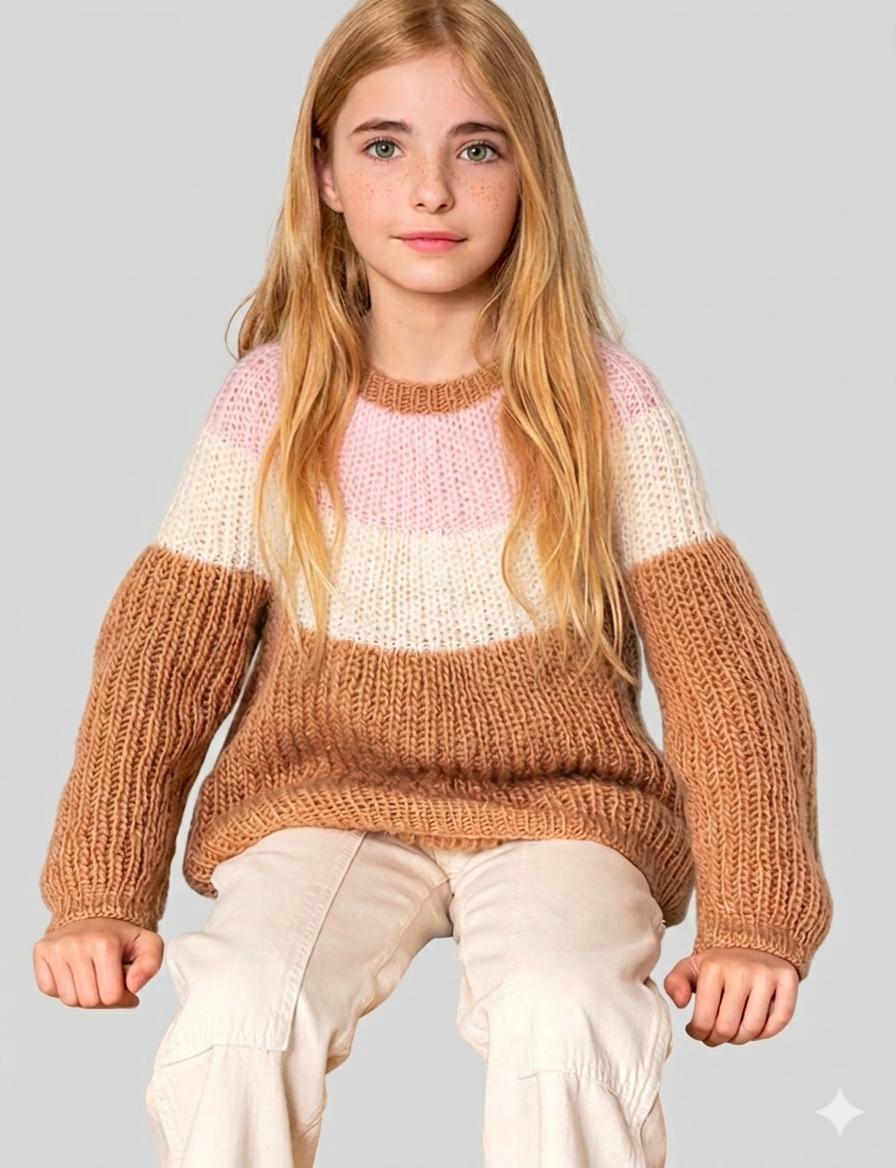 Toddler Girl's Top Down stripey Sweater ribbed style fits 6-14 years ~ Worsted- Aran 10 ply Yarn Knitting Pattern pdf Download