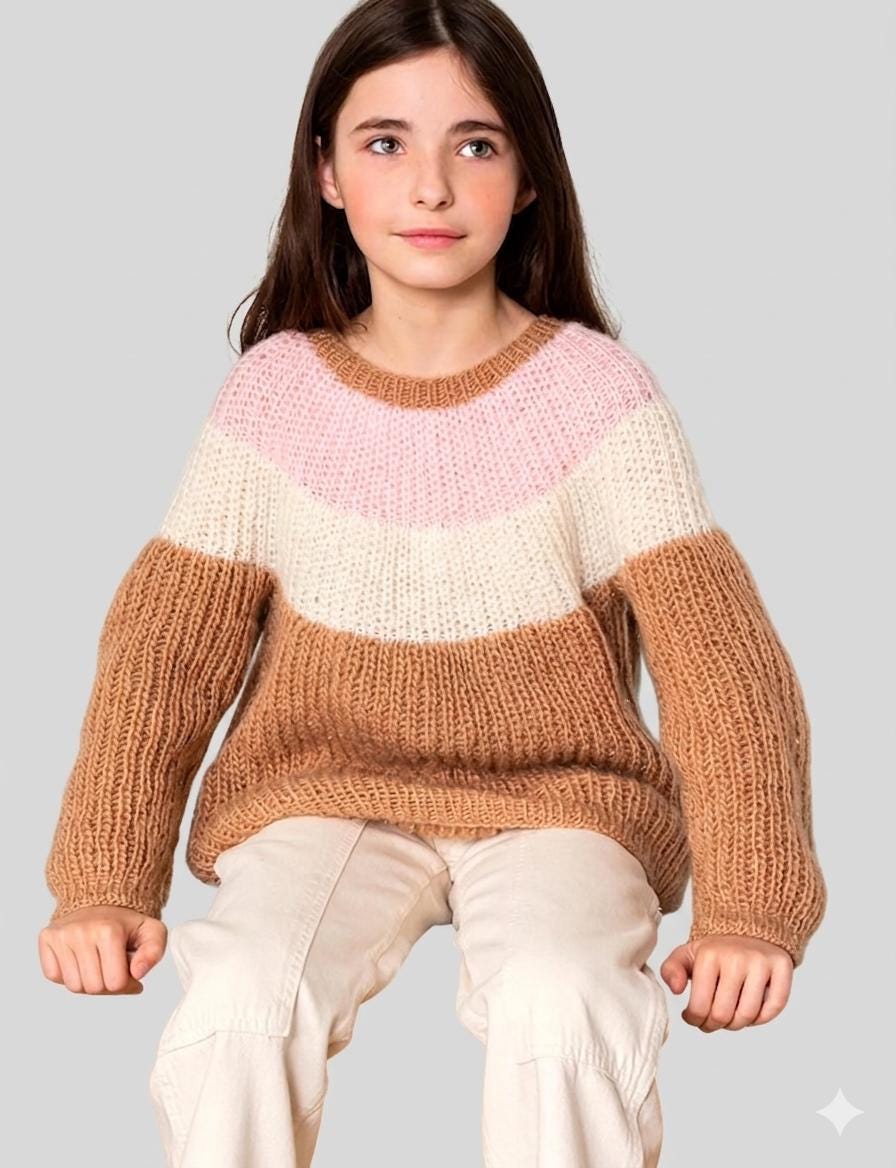 Toddler Girl's Top Down stripey Sweater ribbed style fits 6-14 years ~ Worsted- Aran 10 ply Yarn Knitting Pattern pdf Download