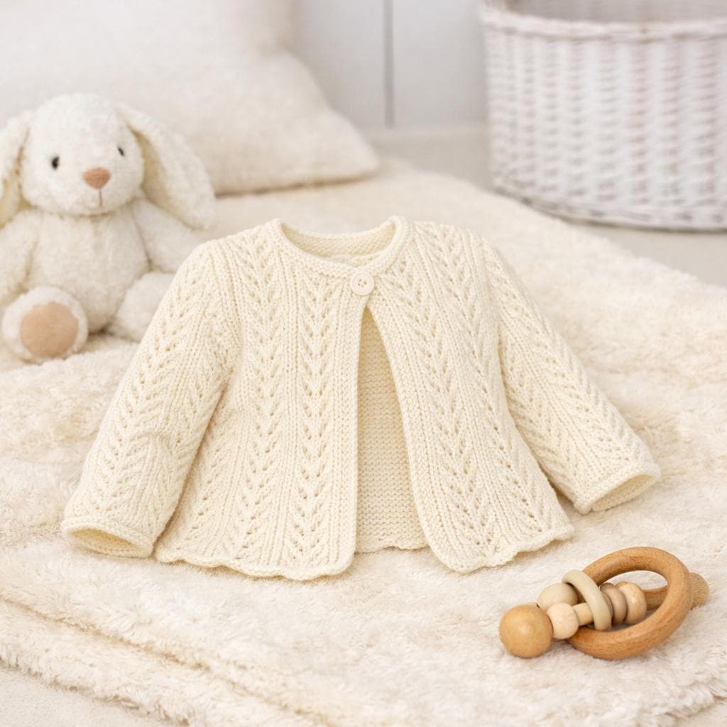 Baby Girl's Eyelet lacy  garter stitch edge cardigans Long short sleeves- fits 16 - 26" chest (0-7 years)