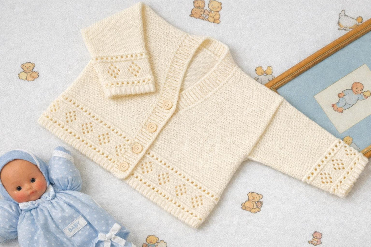 Baby Classic  round and V neck Cardigans- Diamond borders- 4ply- Knitting pattern - fits 16 - 22" chest Knitting Pattern  Download PDF
