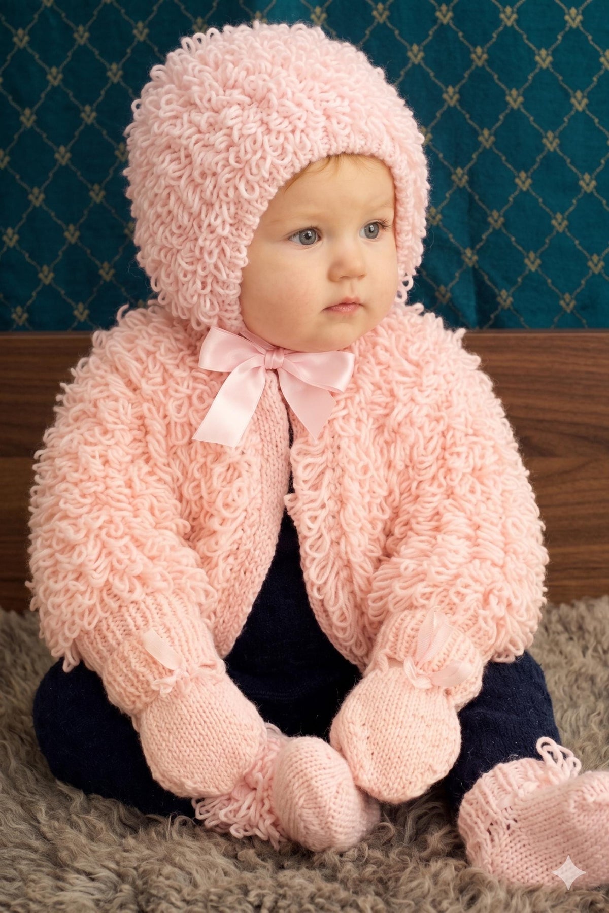 Baby Loopy Cardigan, Jacket, Bootees, Mitts, Hat Knitting Pattern (PDF Download)