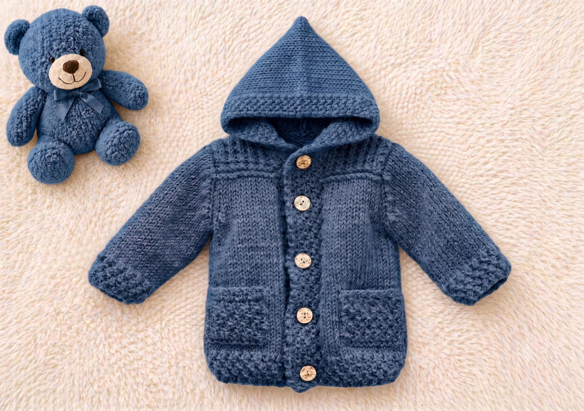 Baby Hooded Jacket Aran 10 Ply  Knit fits 3months- 24 Months- Knits up quick- Knitting pattern download PDF