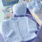 Girl's Lace Border picot hem Cardigan- Bonnet & Bootees in DK- (8PLY) light worsted yarn- Fits Newborn 18"