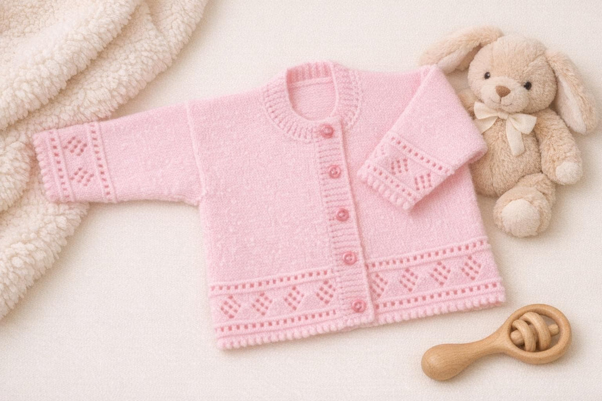 Baby Classic  round and V neck Cardigans- Diamond borders- 4ply- Knitting pattern - fits 16 - 22" chest Knitting Pattern  Download PDF