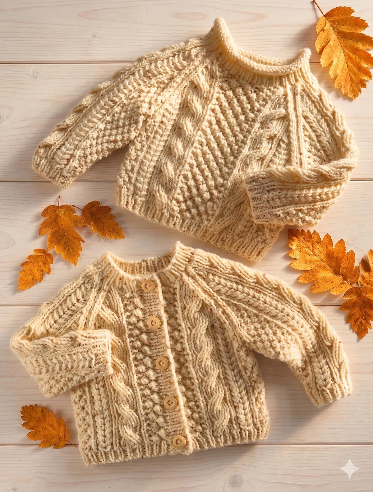 Traditional Aran Cardigan & Roll Neck Jumper Knitting Pattern (0-6 yrs)
