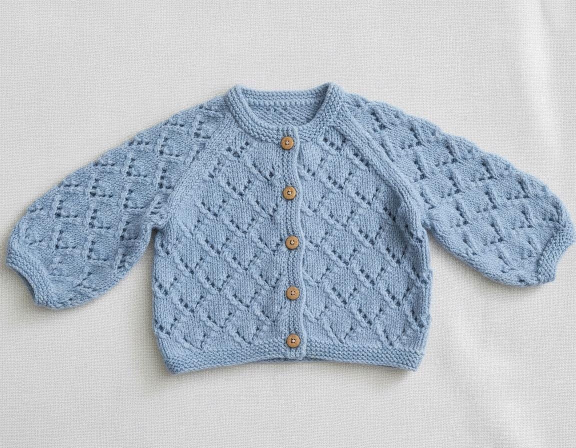 Baby Lace  Raglan Cardigan - One button fastening  Knitting Pattern -DK-8ply (Light Worsted yarn)  Download PDF -16-22"  Birth-3 years