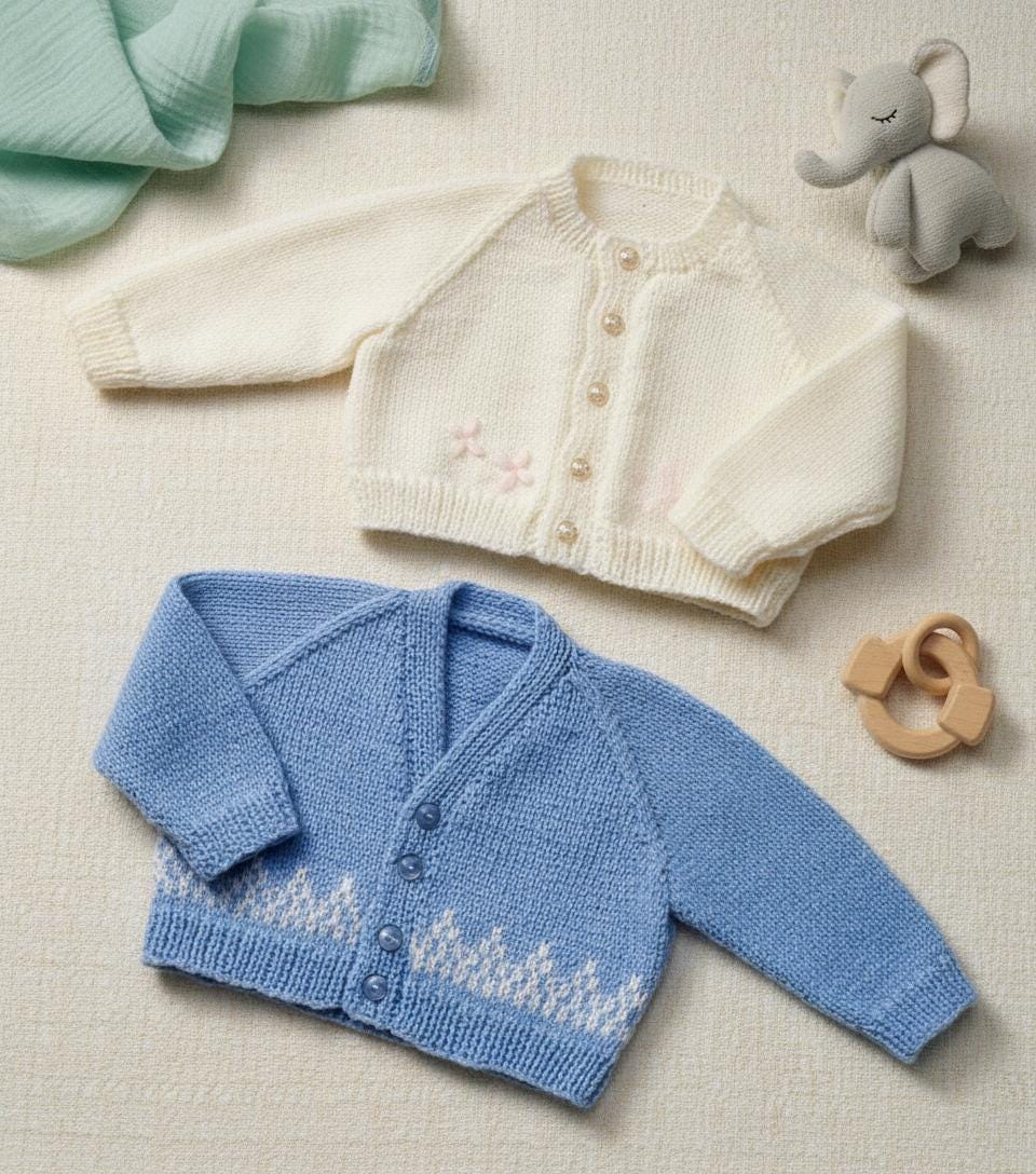 Baby Cardigan Knitting Pattern – V Neck, Round Neck, 4ply Wool (PDF Download)