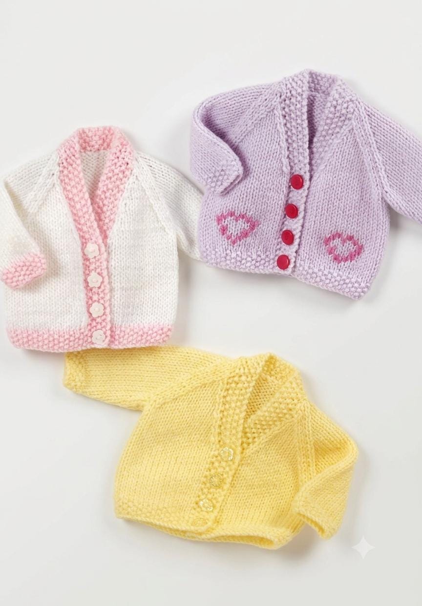 Dolls easy knit cardigans in 4ply  fingering & Dk 8 ply- fits 12" - 22 " dolls,- knitting pattern download PDF Vintage knits