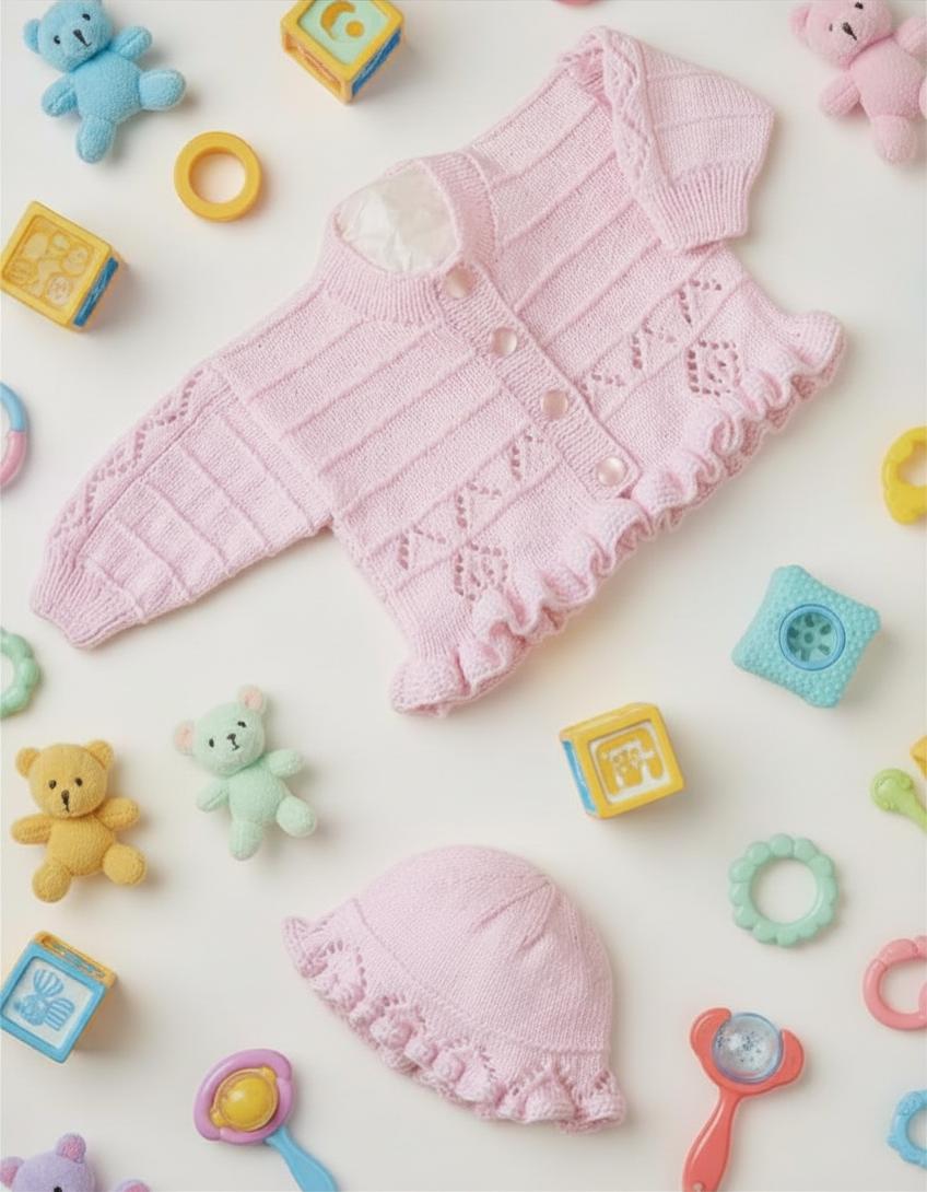 Baby Girls Diamond Border Cardigan and Hat Knitting Pattern – Frilled Edges (PDF Download)