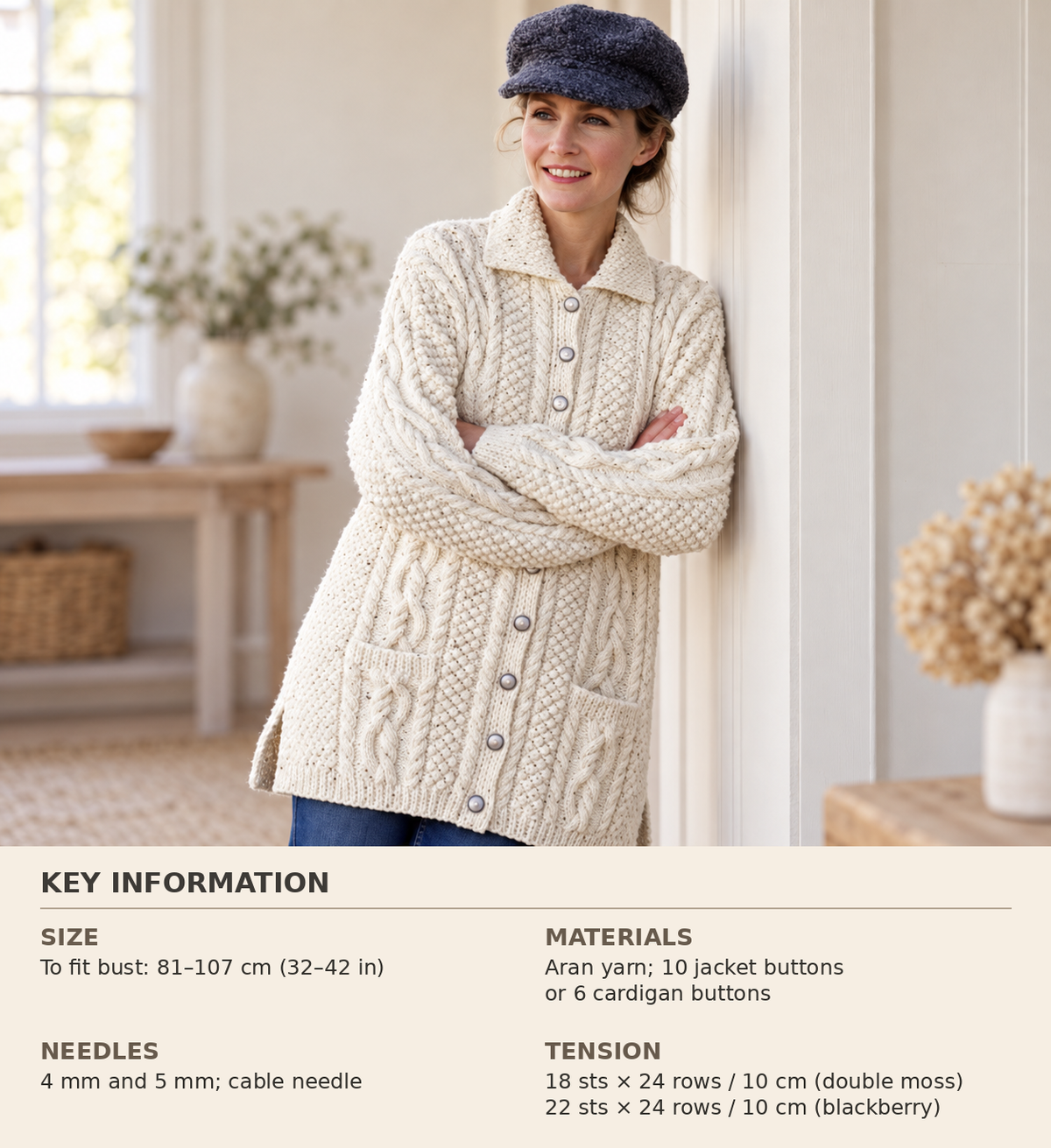 Woman's Aran Cardigan Cable ~round Neck With Collar & V neck pockets Aran 10 ply worsted 30-42"