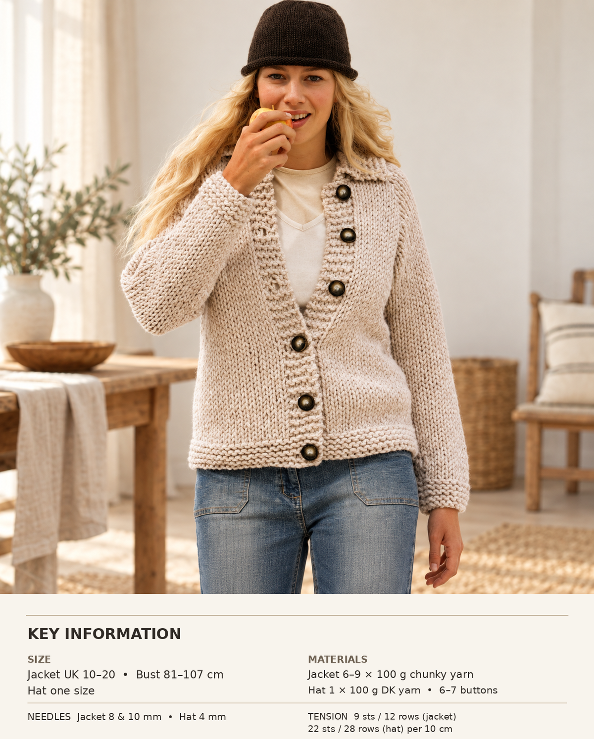 Womans Easy Super Chunky Jacket with Collar & Hat Super Bulky 14 ply yarn-- fits chest 32-42" Hat in DK - Knitting Pattern