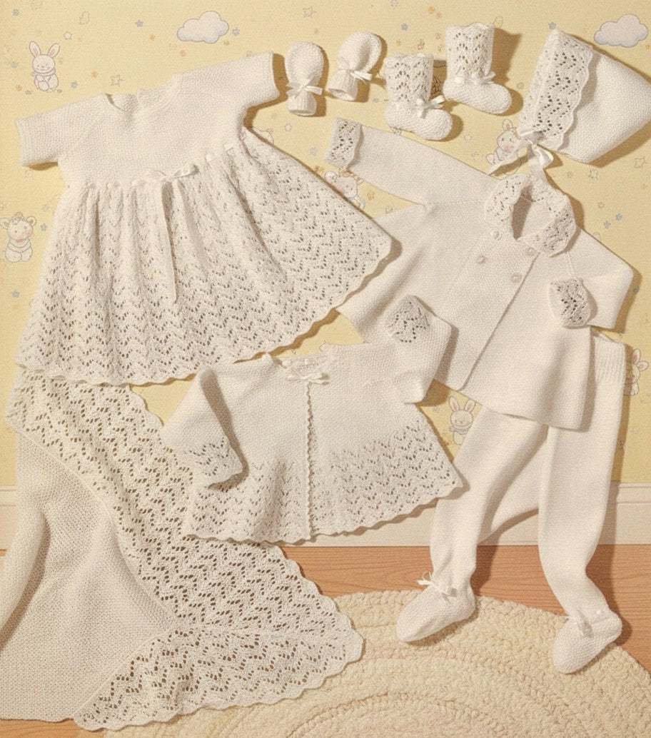 Baby Christening Set Knitting Pattern – vintage Layette  3 ply fingering heirloom Knit