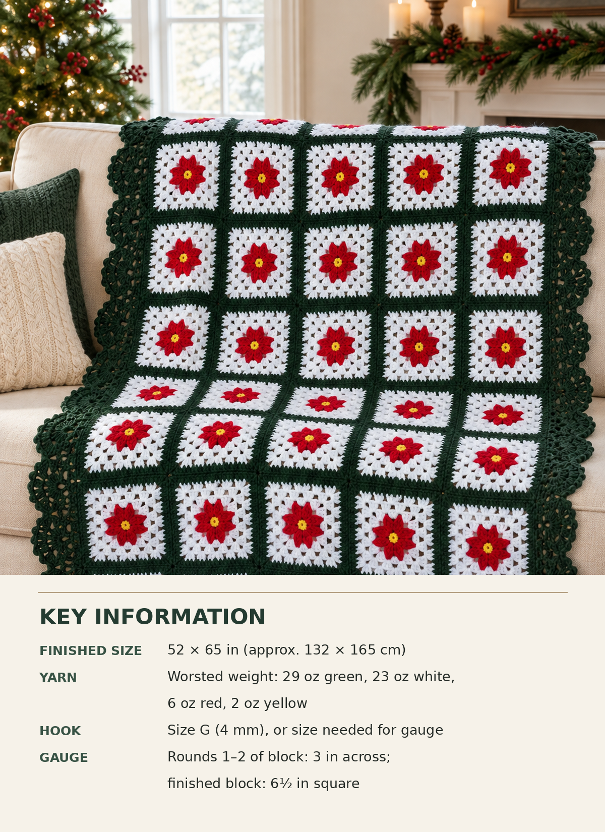 Poinsettia squares Victorian Christmas Afghan Crochet Pattern worsted weight wool measures 52 x65 when complete Download Crochet Pattern