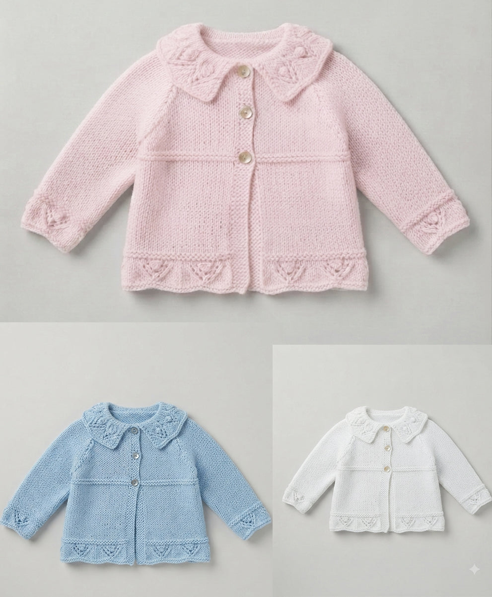 Girl's Cardigan frilled Eyelet  hem Plain neck or Collar Raglan sleeves 16" - 26" ( 0-7yrs) DK 8Ply Light worsted Knitting pattern PDF